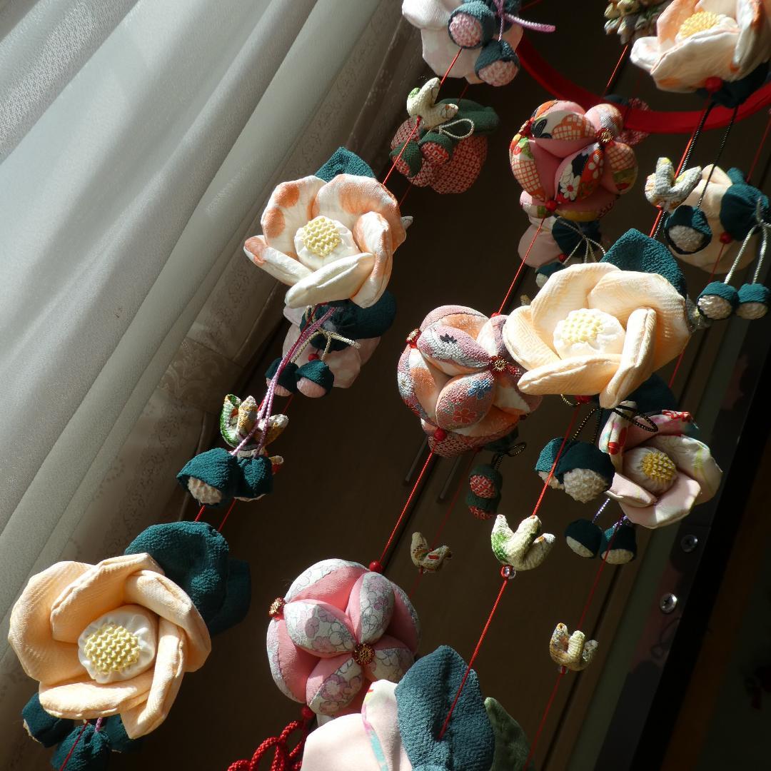 古布　正絹　吊るし椿　錦紗縮緬　ピンク　桃色　疋田模様　さげもん　アンティーク