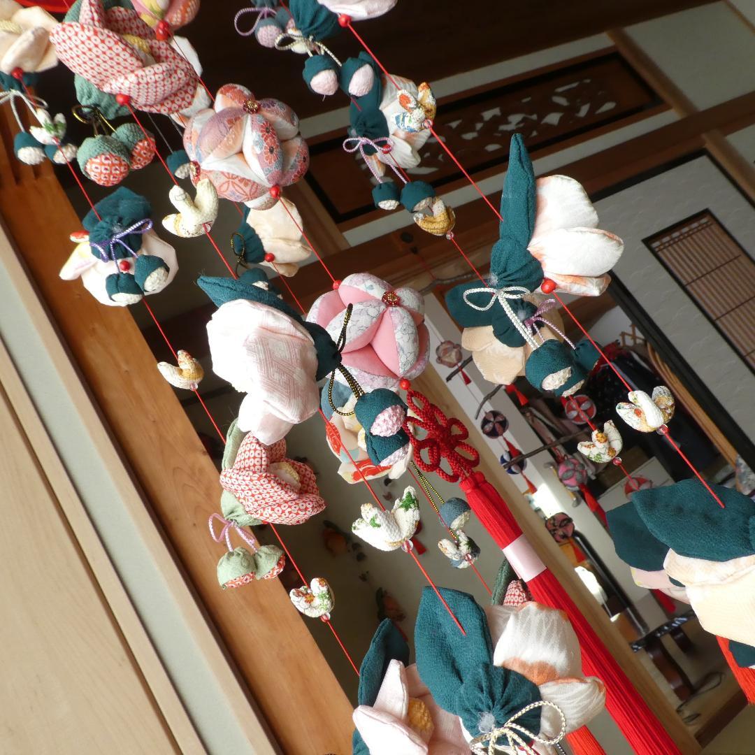 古布　正絹　吊るし椿　錦紗縮緬　ピンク　桃色　疋田模様　さげもん　アンティーク