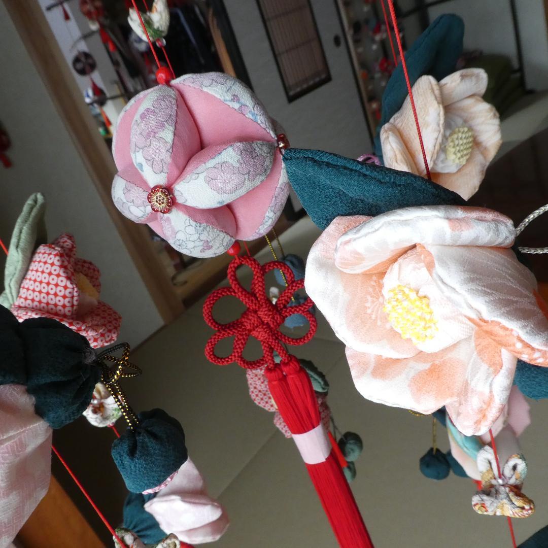 古布　正絹　吊るし椿　錦紗縮緬　ピンク　桃色　疋田模様　さげもん　アンティーク