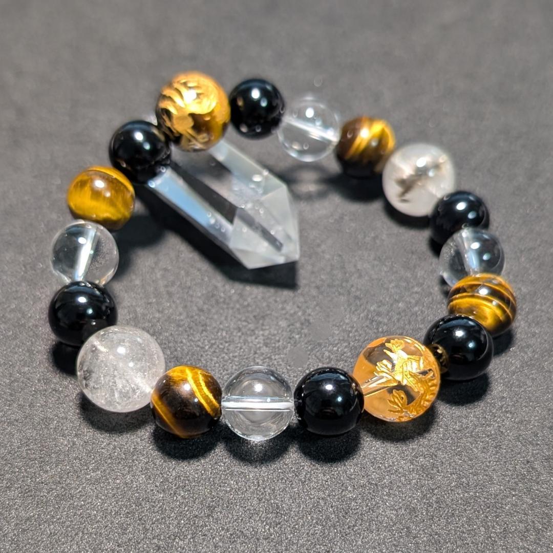 昇龍の加護 皇帝龍タイガーアイ 水晶 オニキス プラチナルチル 数珠ブレスレット