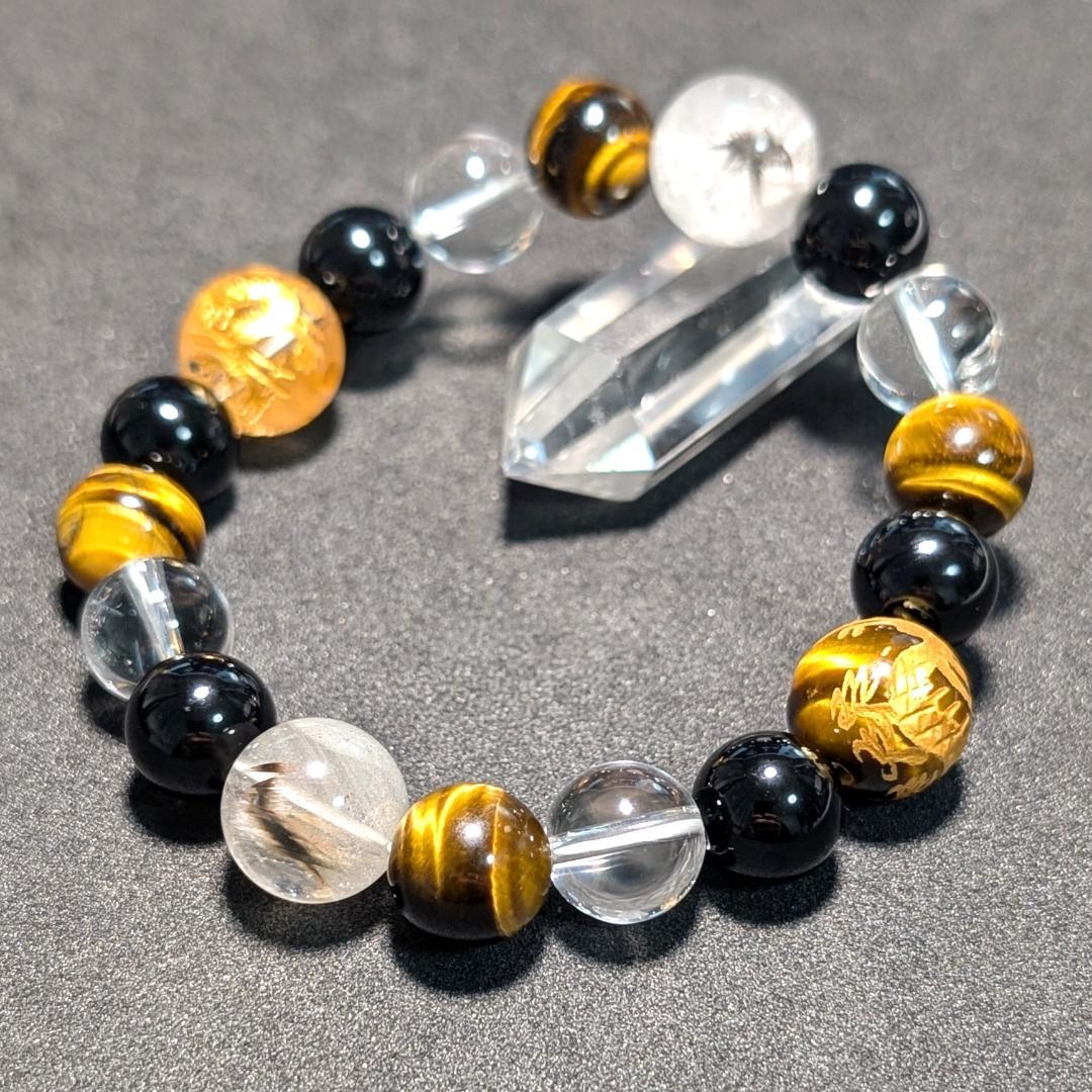 昇龍の加護 皇帝龍タイガーアイ 水晶 オニキス プラチナルチル 数珠ブレスレット