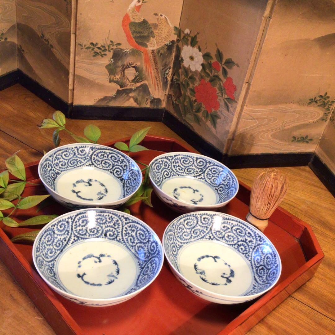 A344 古伊万里　染付　蛸唐草紋様　膾皿　　4客