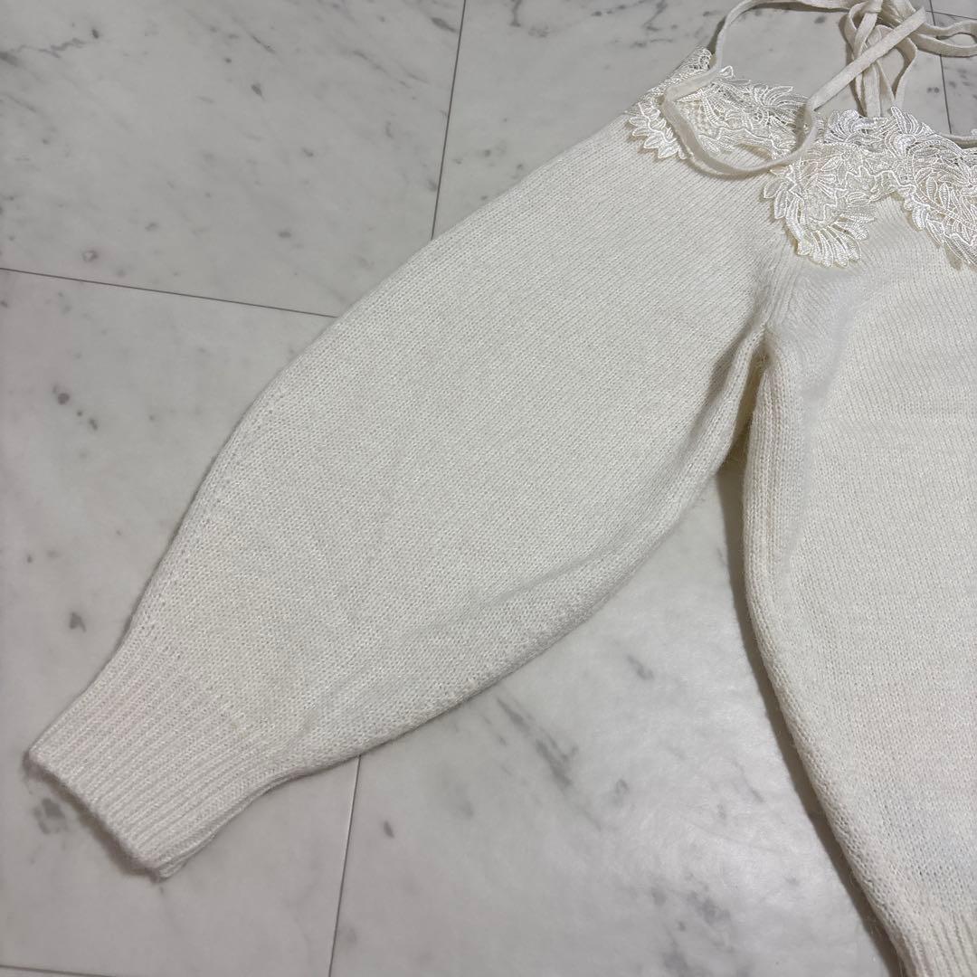 【美品】SNIDEL レーストリミングオフショルプルオーバー ニット リボン