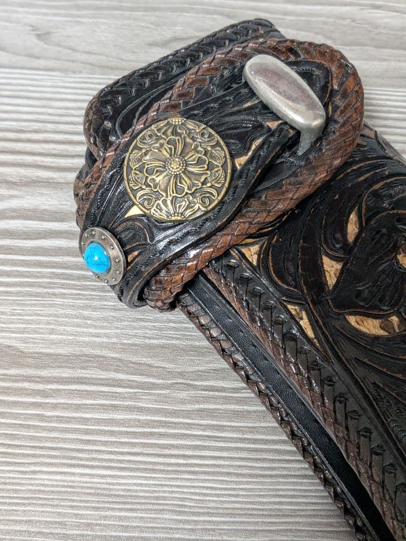 レザークラフトユウ　カービングパイソンヘビ革透かし彫り　本革長財布　ライダース