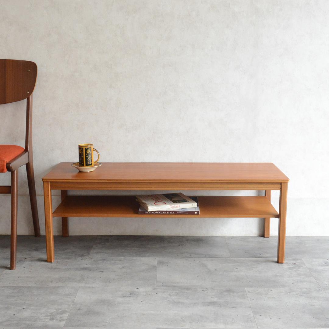 イギリスヴィンテージ チーク ローテーブル コーヒーテーブル 棚付き 再塗装済