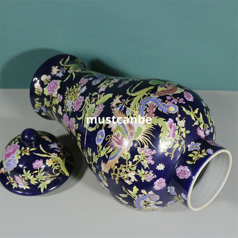 清康熙官窯藍底鳳凰紋将軍缶 景徳鎮 陶磁器 装飾品 現代工芸品 美術品 置物