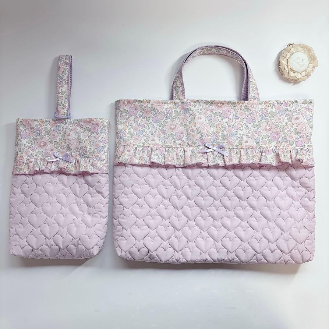 akkuaku様　ベッツィ　ハート　キルト　レッスンバッグ　ヌビ　キルト体操着袋