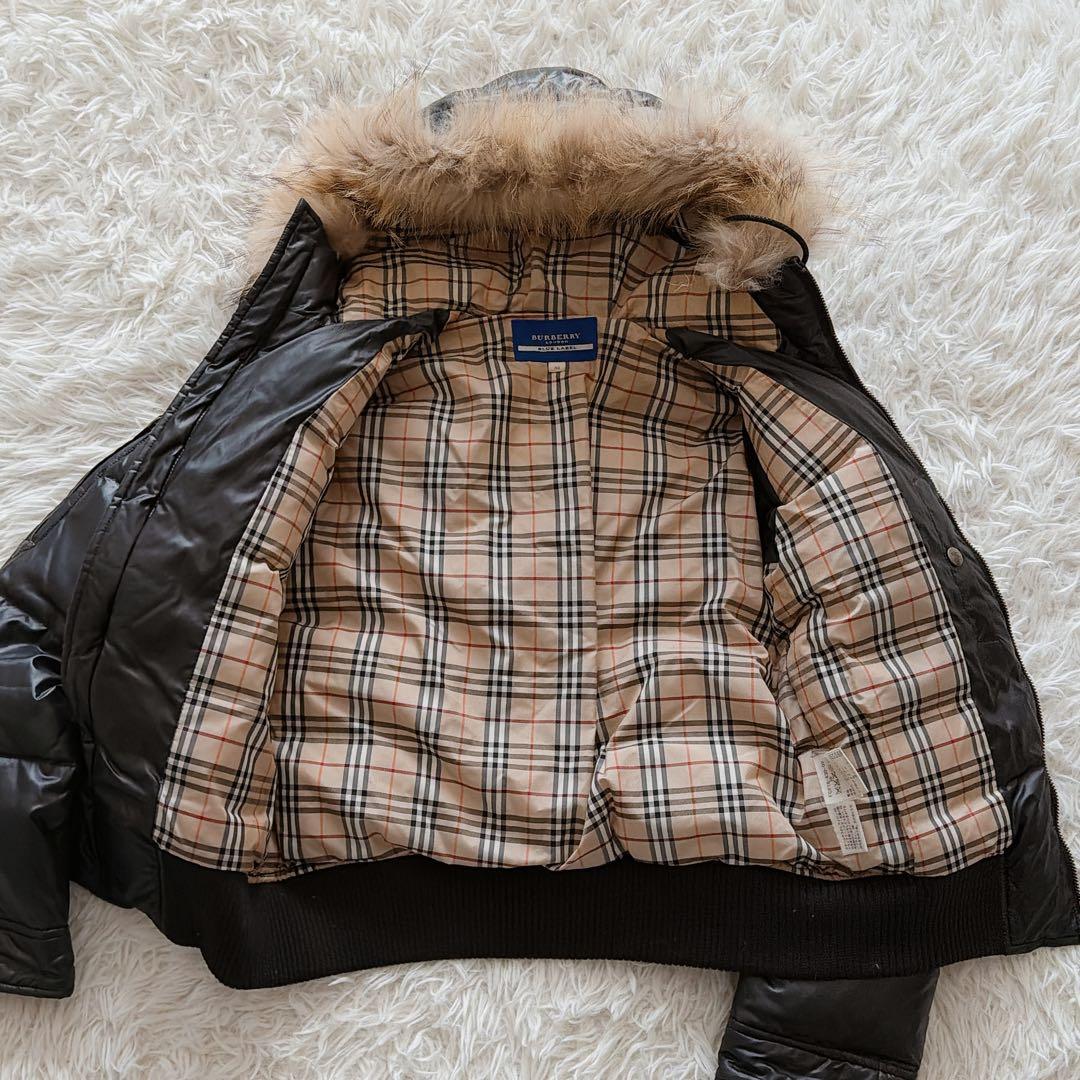 バーバリーブルーレーベル ラクーンファー ダウンジャケット ノバチェック 総柄