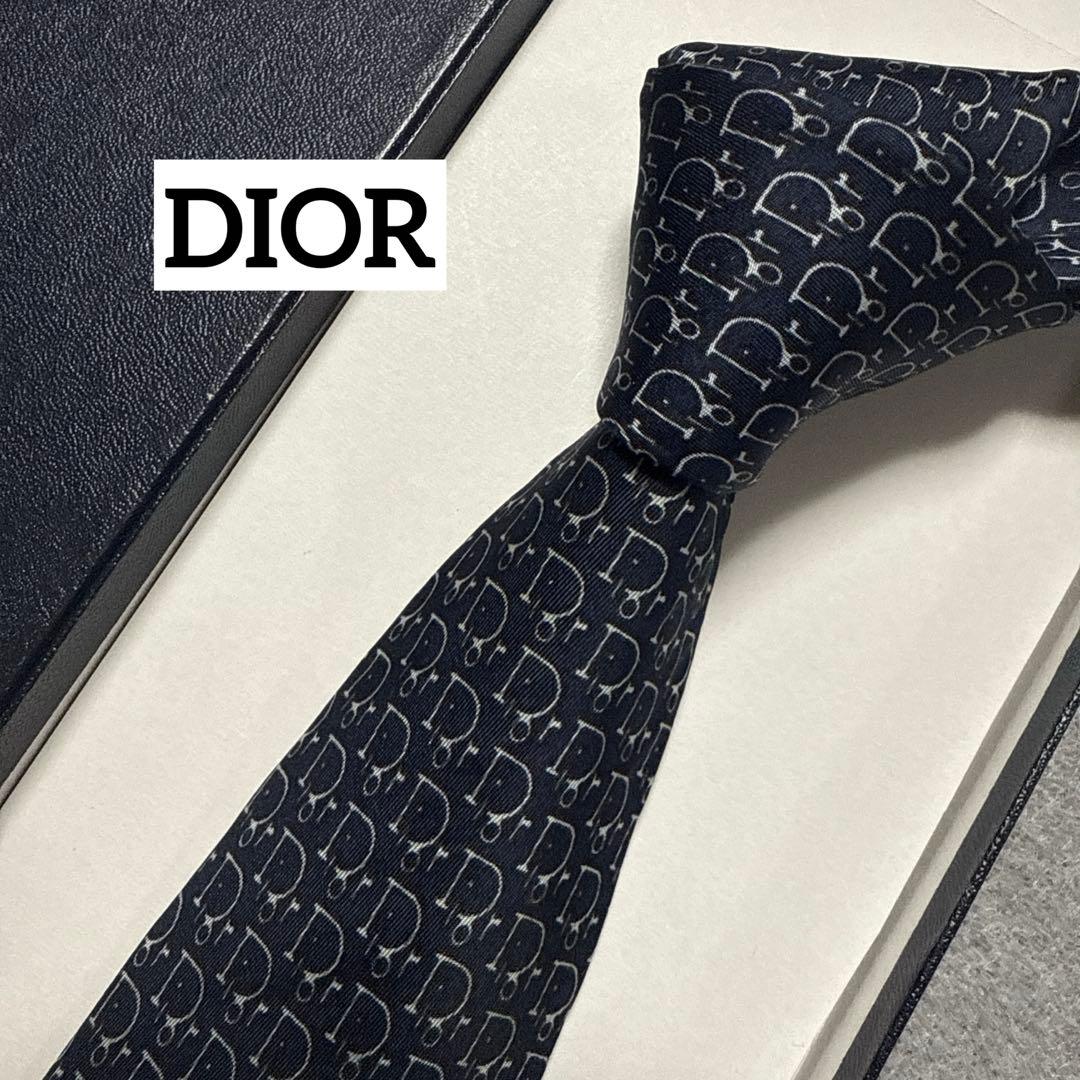 クリスチャンディオール　ネクタイ　紺　トロッター柄