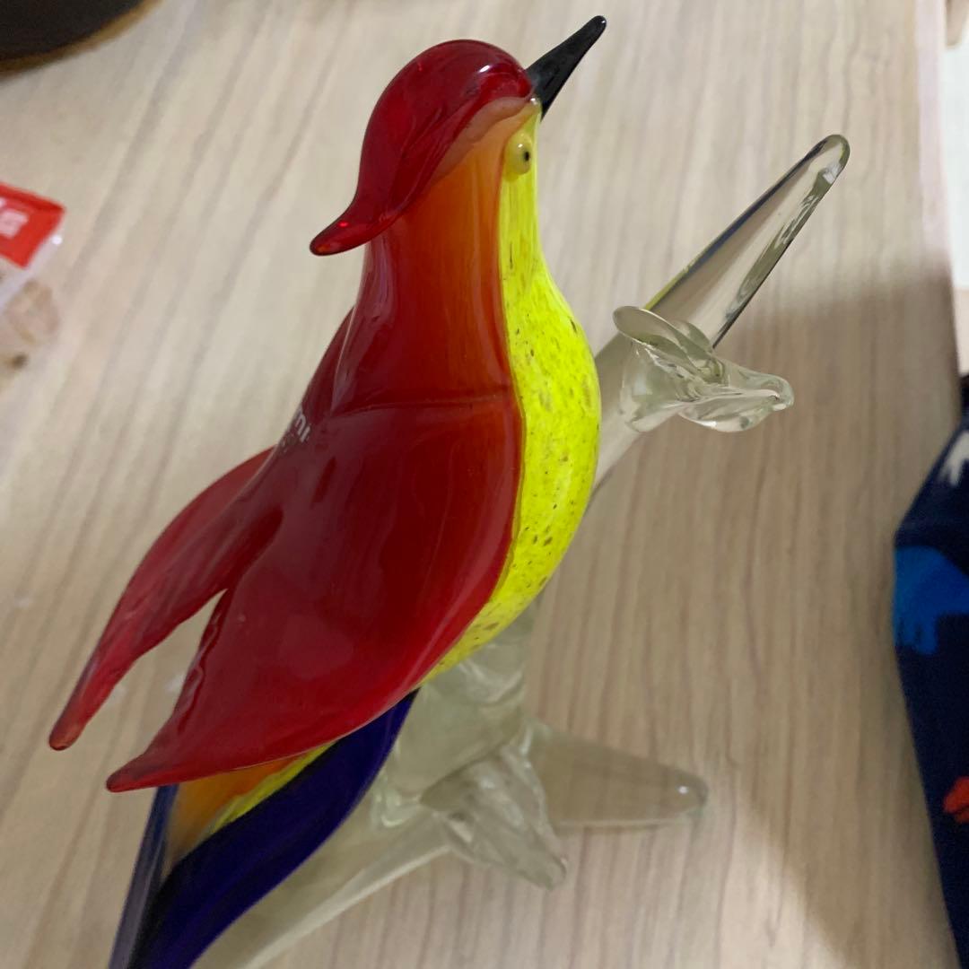 ガラス製 鳥の置物 赤黄色