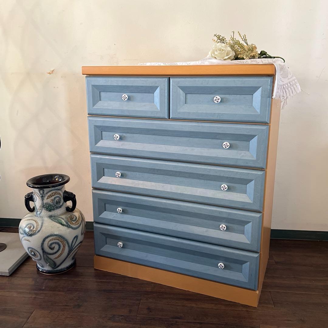 k044 ブルーの引き出しが可愛らしい5段チェスト 洋服たんす 天然木の引き出し