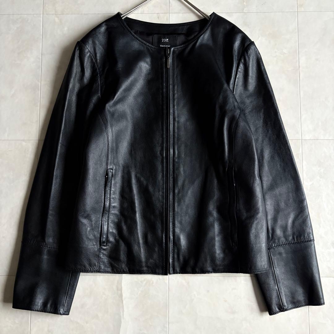 美品・特大✨23区 ノーカラーラムレザージャケット 黒 48 ゆったり