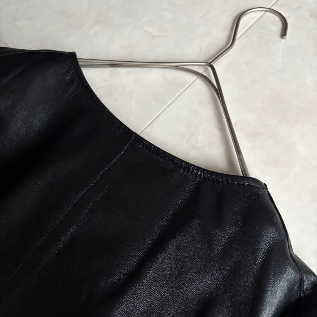 美品・特大✨23区 ノーカラーラムレザージャケット 黒 48 ゆったり