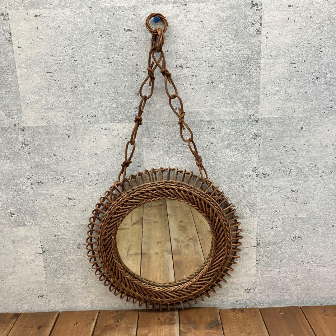 昭和レトロ あけび 蔓細工 ラウンド型 壁掛けミラー ウォールミラー 鏡