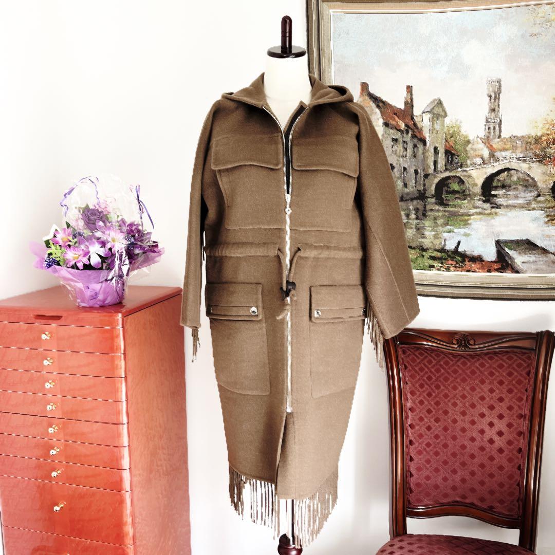 美品　HERMESエルメス　カシミヤレザー　ロング　フリンジ　コート　ブラウン