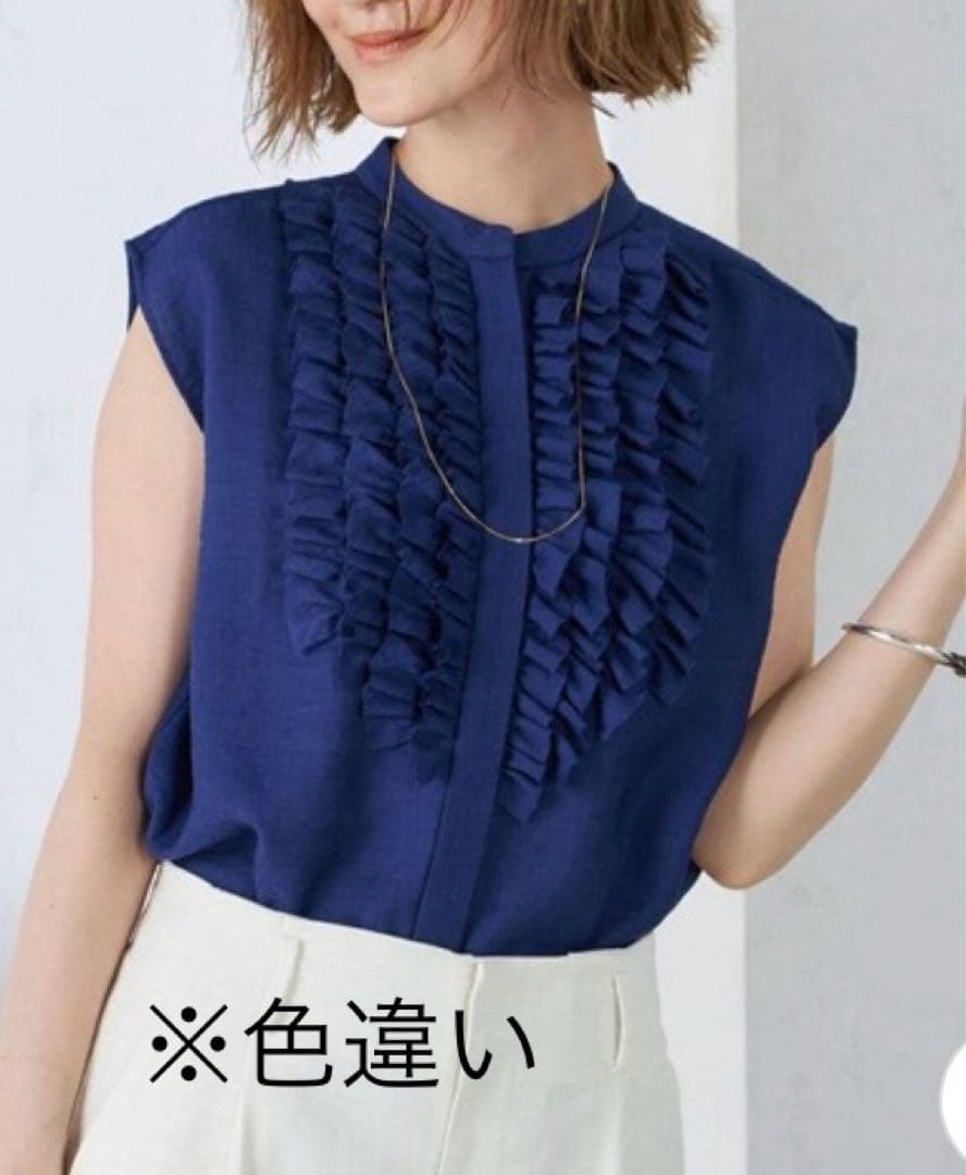 美品★ships 麻混 フロント フリル フレンチスリーブ ブラウス