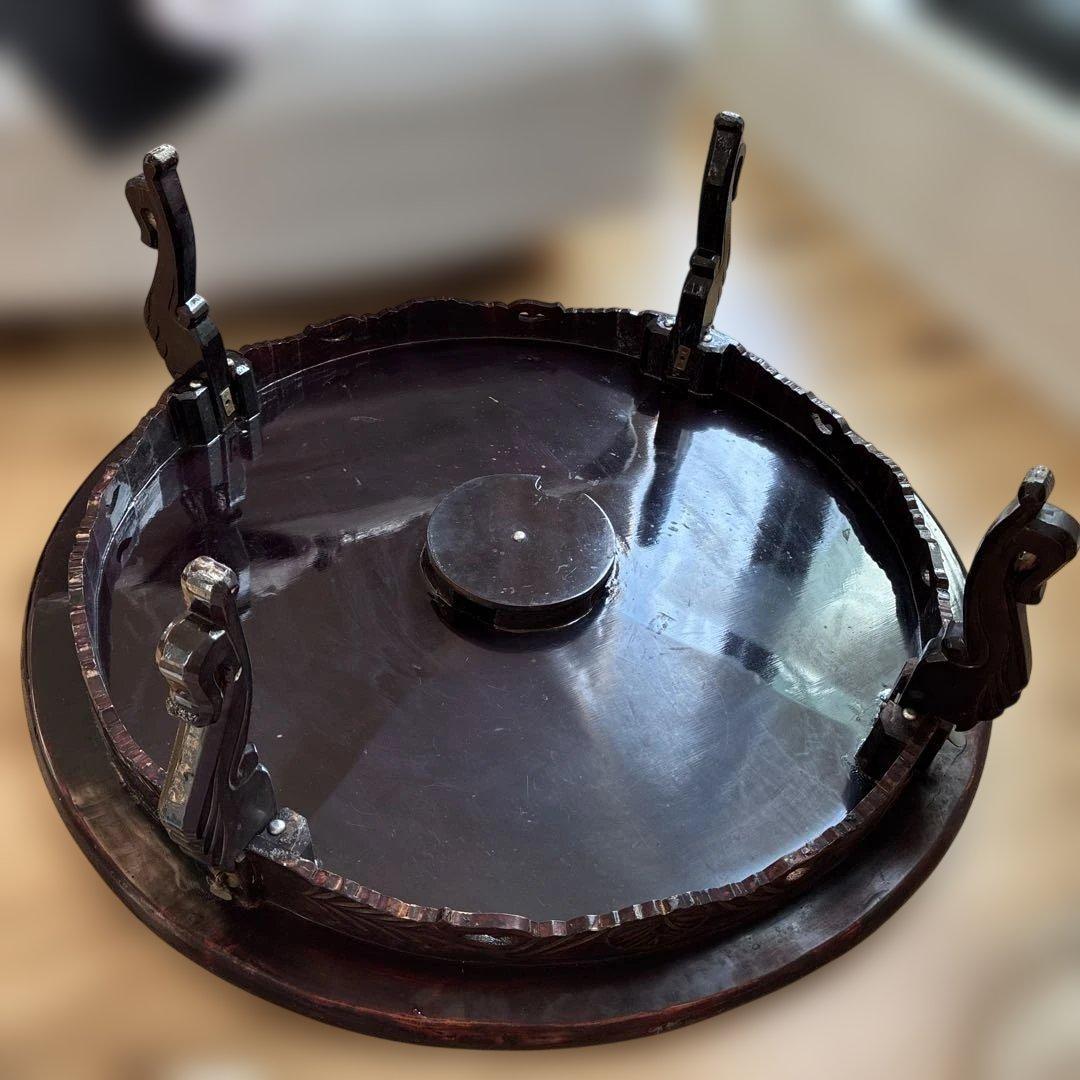 螺鈿細工 鳳凰 円形座卓テーブル 黒漆塗 直径90cm 横浜現地渡し