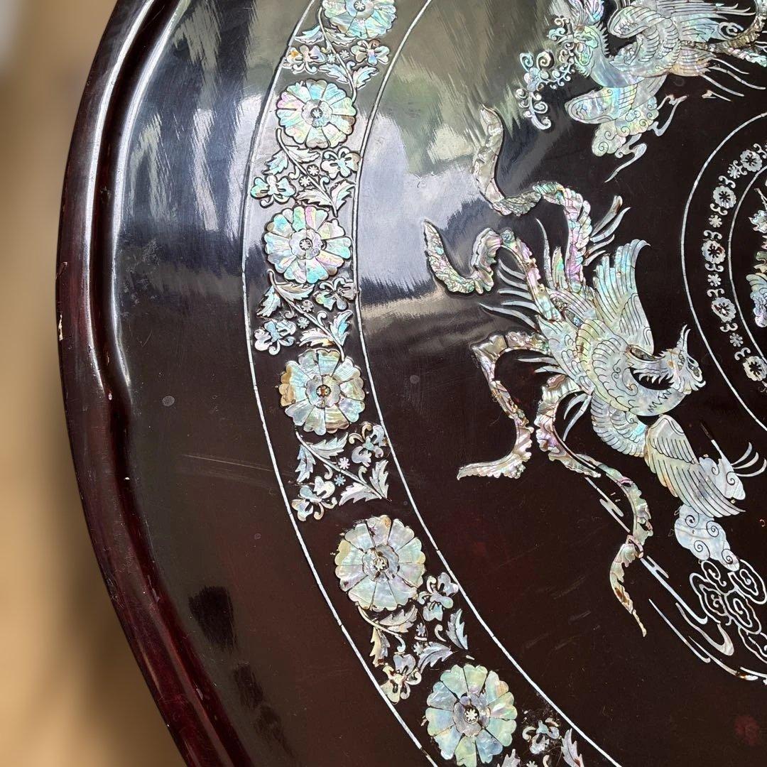 螺鈿細工 鳳凰 円形座卓テーブル 黒漆塗 直径90cm 横浜現地渡し