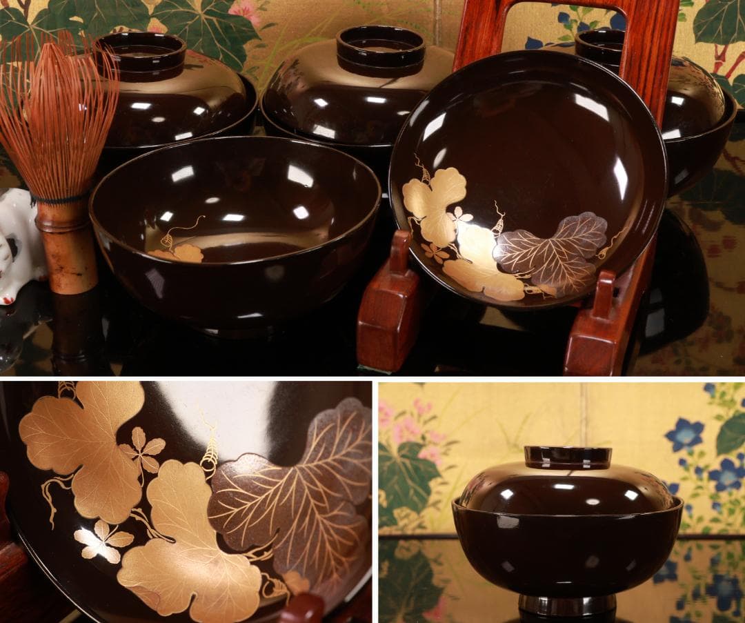 時代漆器　輪島塗　瓢箪図蒔絵　吸物椀　四客　木製　細密 BJ125