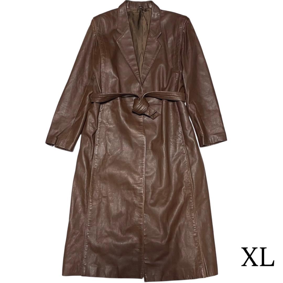 大きいサイズ【vintage】本革リアルレザーマキシ丈ガウンコート ブラウンXL