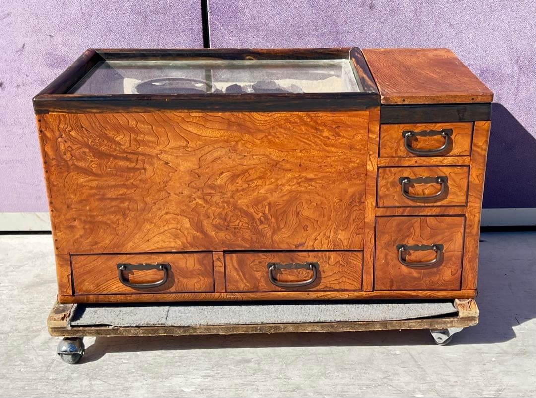 木製火鉢 引き出し付き ガラス蓋