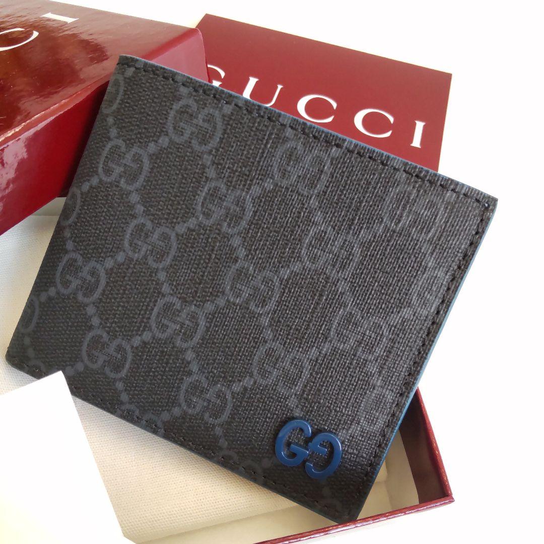 未使用級 グッチ 現行 GG柄 二つ折り キャンバス レザー 財布 ネイビー