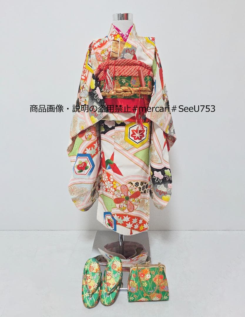 七五三　5歳～　アンティーク 正絹　着物　セット　女の子 c90
