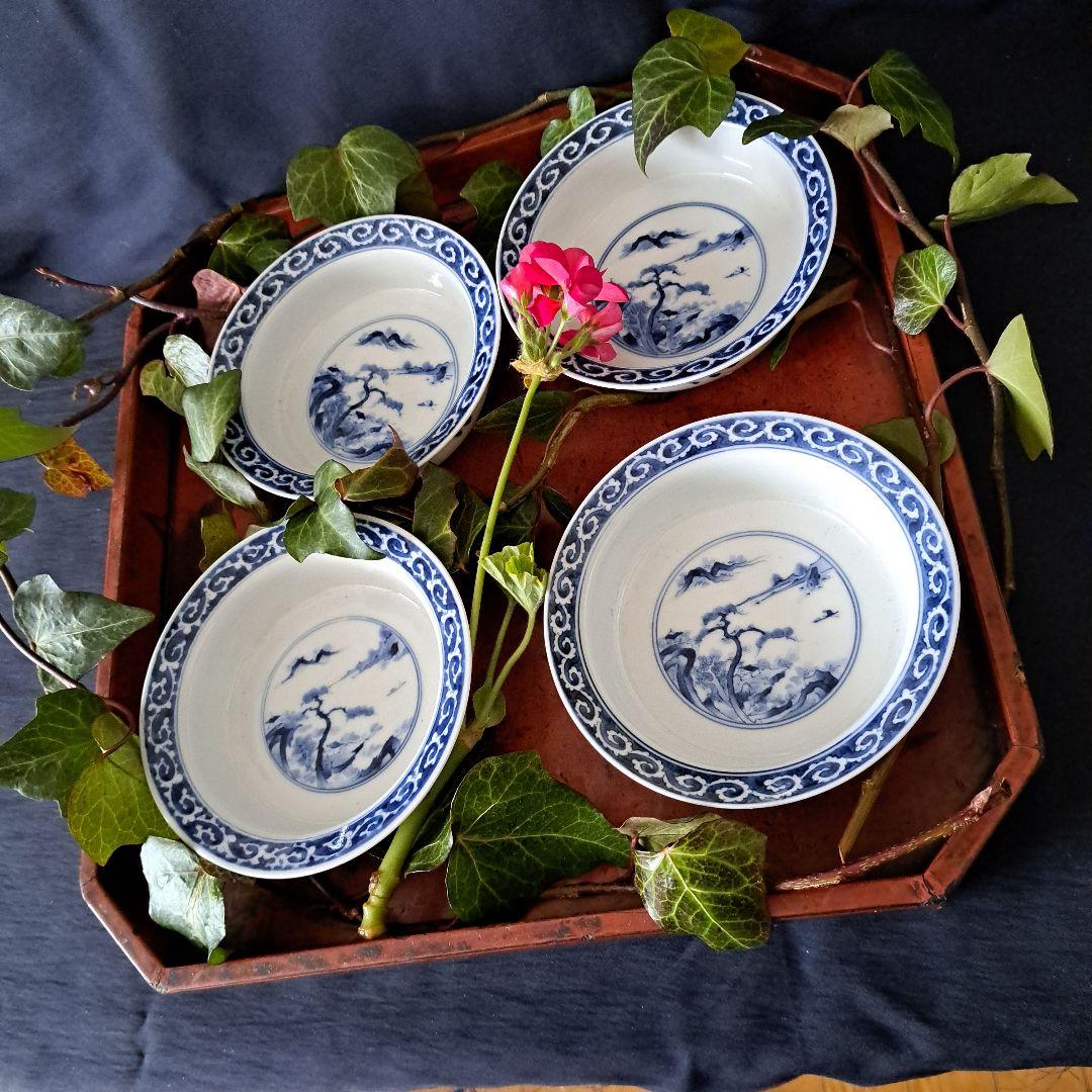 「繊細優美 染付の美！平戸(ひらど)焼」向付4客セット 骨董アンティーク