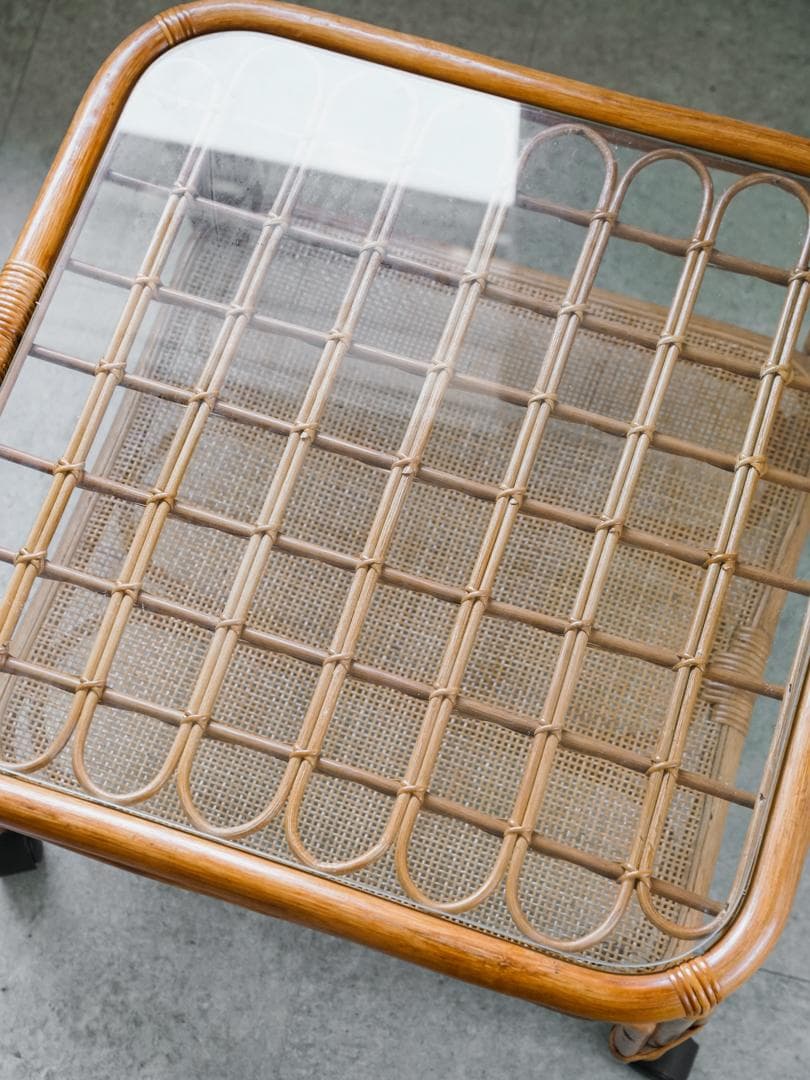 ジャパニーズモダン ガラステーブル 藤家具 /ラタン ヴィンテージ 昭和レトロ