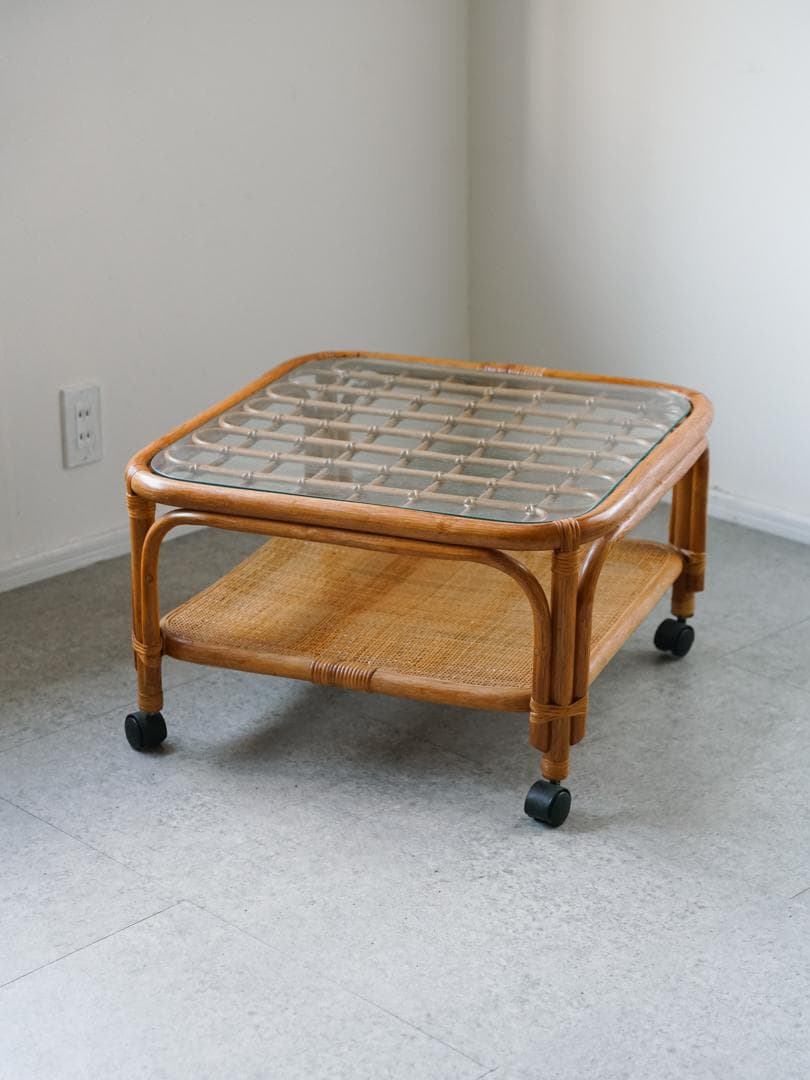 ジャパニーズモダン ガラステーブル 藤家具 /ラタン ヴィンテージ 昭和レトロ