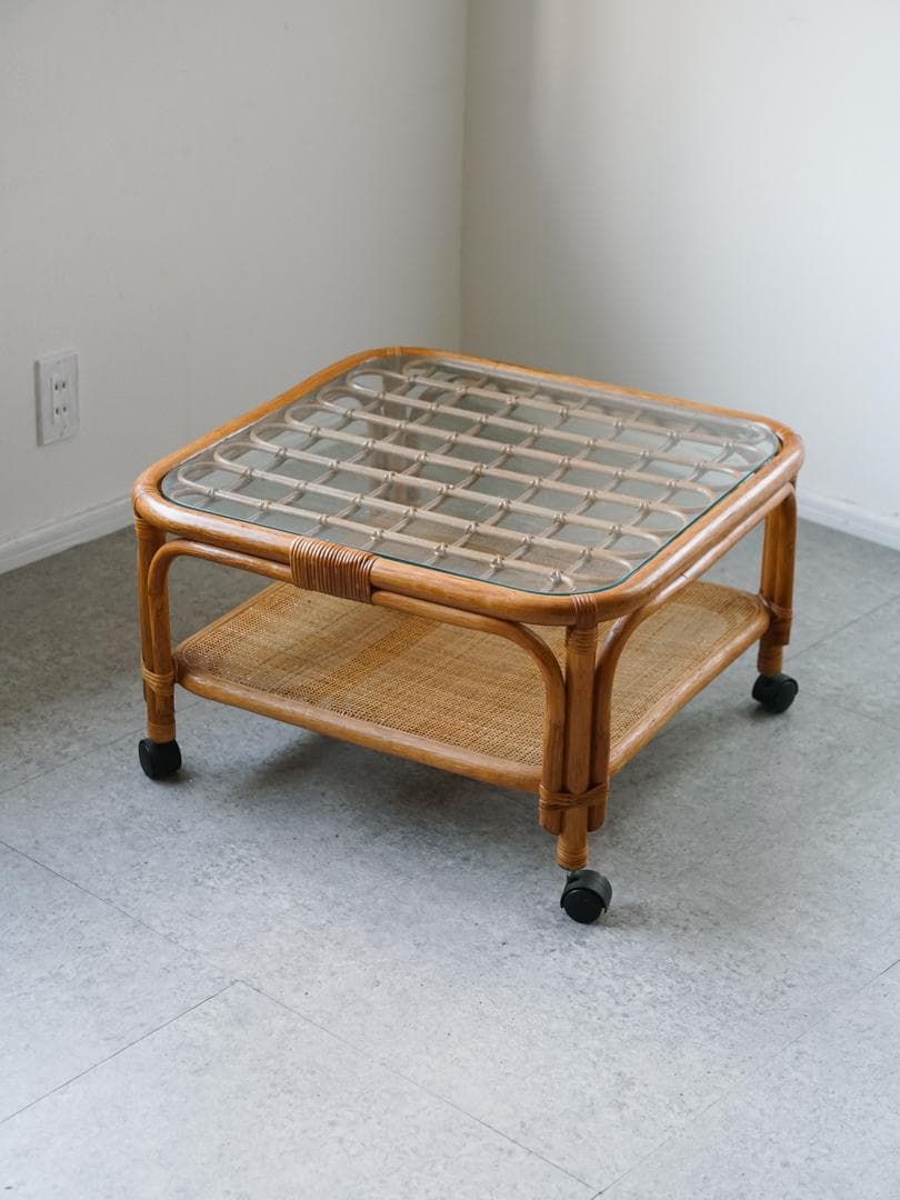ジャパニーズモダン ガラステーブル 藤家具 /ラタン ヴィンテージ 昭和レトロ