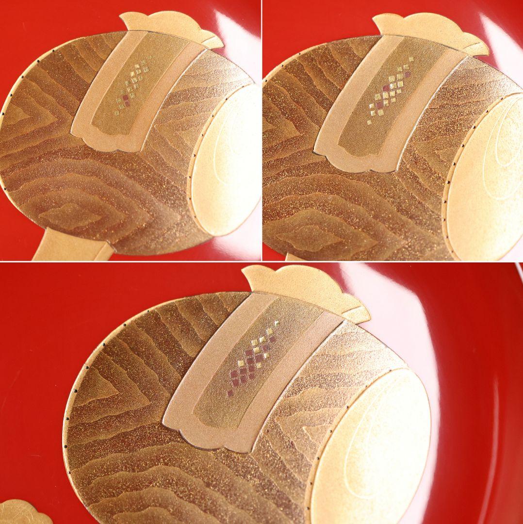 【CM361】輪島塗 宝尽くし金蒔絵 朱塗椀 三客 小槌 軍配 霊芝 木製漆器