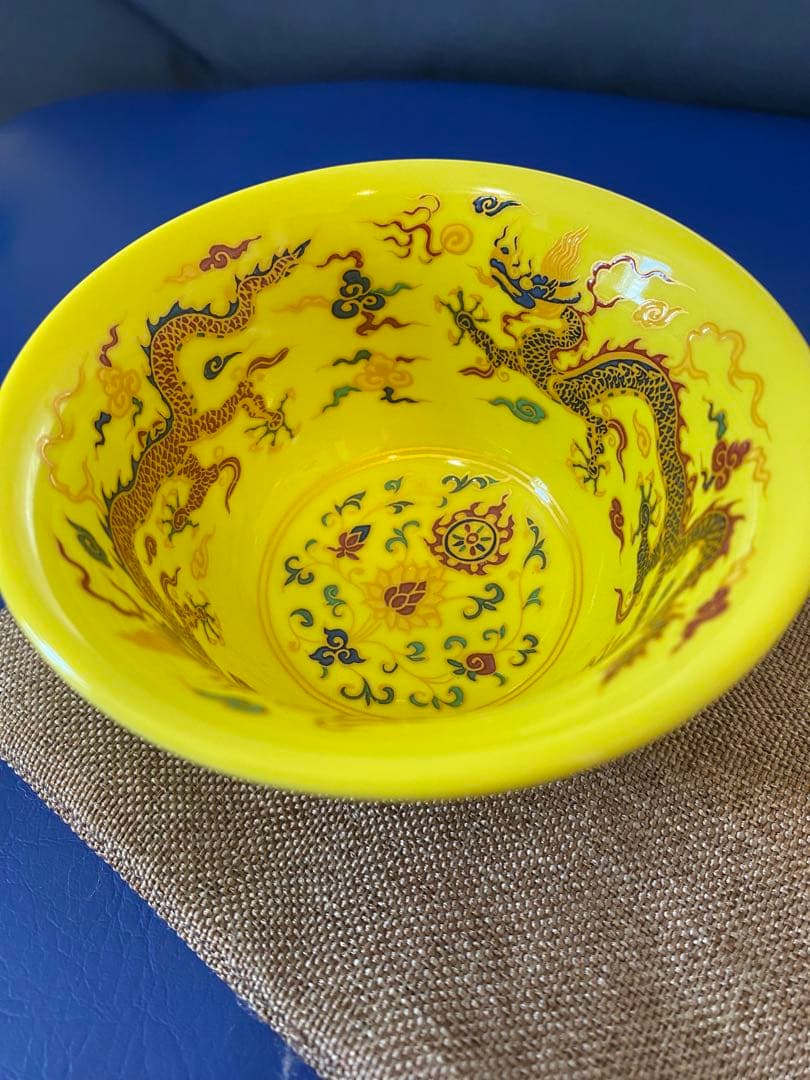 大明宣徳年製黄釉五彩龍紋茶杯サイズ約径9.5cm高さ5.5cm