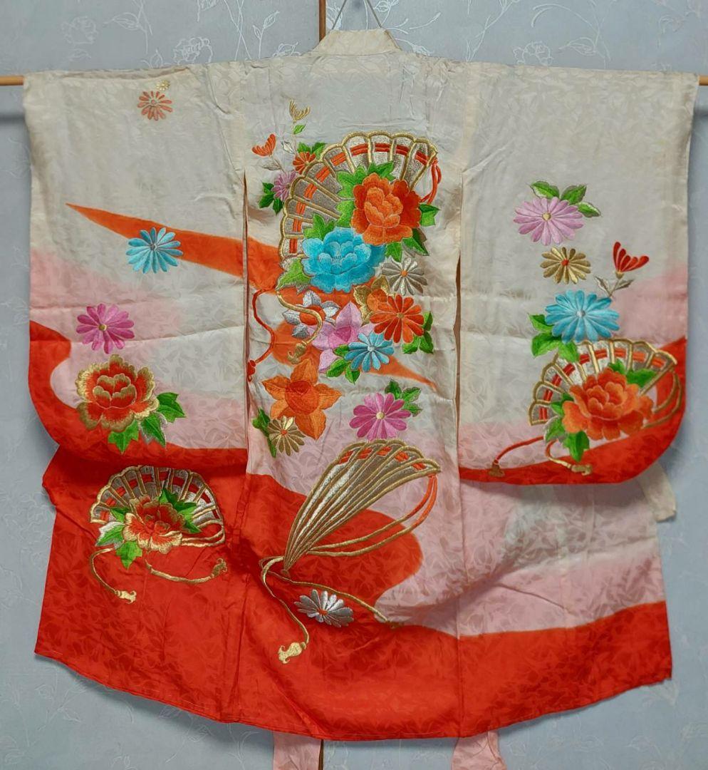 NA213アンティーク子供着物正絹3歳用着丈90センチ裄丈46センチ豪華刺繍