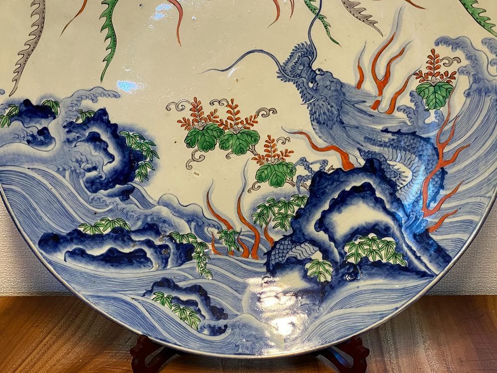 【瓷】　★ 瓷器 青花五彩龍鳳紋賞盤 ★　明治期　鳳凰 行龍 手描文様　明清磁器