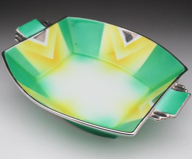 オールドノリタケ グリーン地銀彩ジオメトリック スクエアボウル