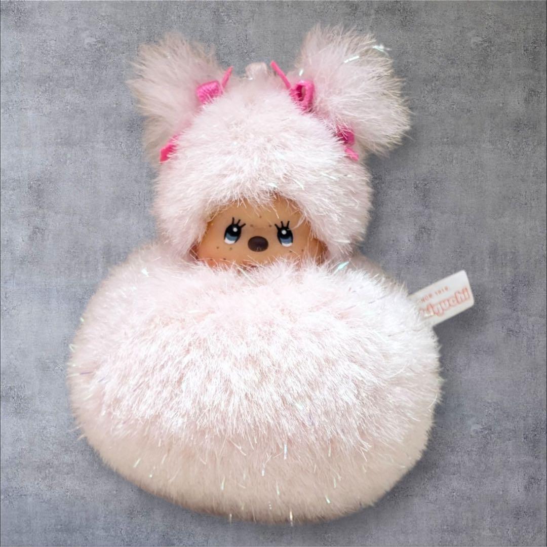 希少　モンチッチ 雪だるま リボンラメピンク ぬいぐるみキーホルダー ストラップ