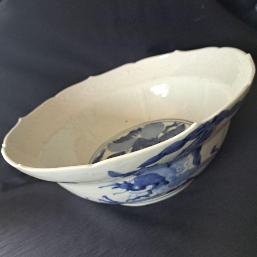 「古伊万里 無傷の大鉢(直径29cm) 龍と蝶の文様！」染付鉢 骨董アンティーク