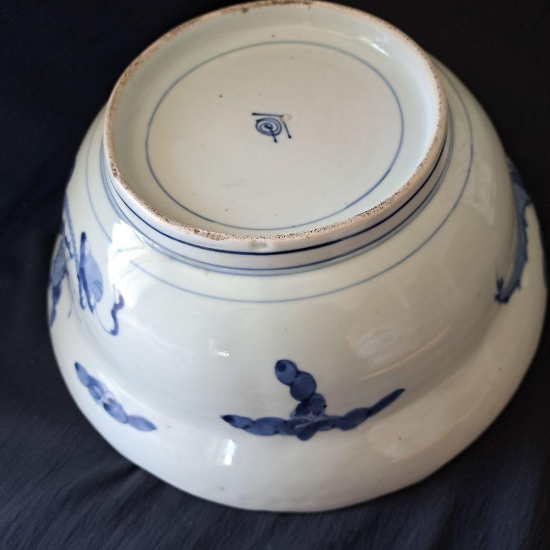 「古伊万里 無傷の大鉢(直径29cm) 龍と蝶の文様！」染付鉢 骨董アンティーク