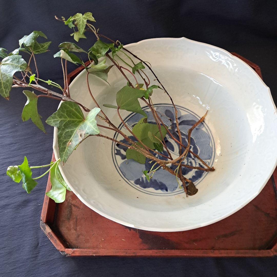 「古伊万里 無傷の大鉢(直径29cm) 龍と蝶の文様！」染付鉢 骨董アンティーク