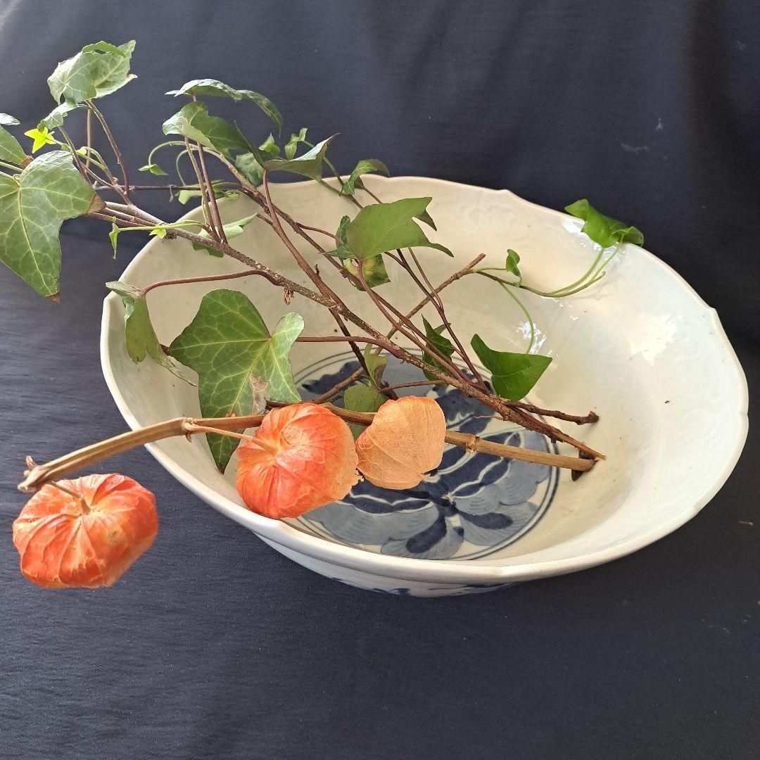 「古伊万里 無傷の大鉢(直径29cm) 龍と蝶の文様！」染付鉢 骨董アンティーク