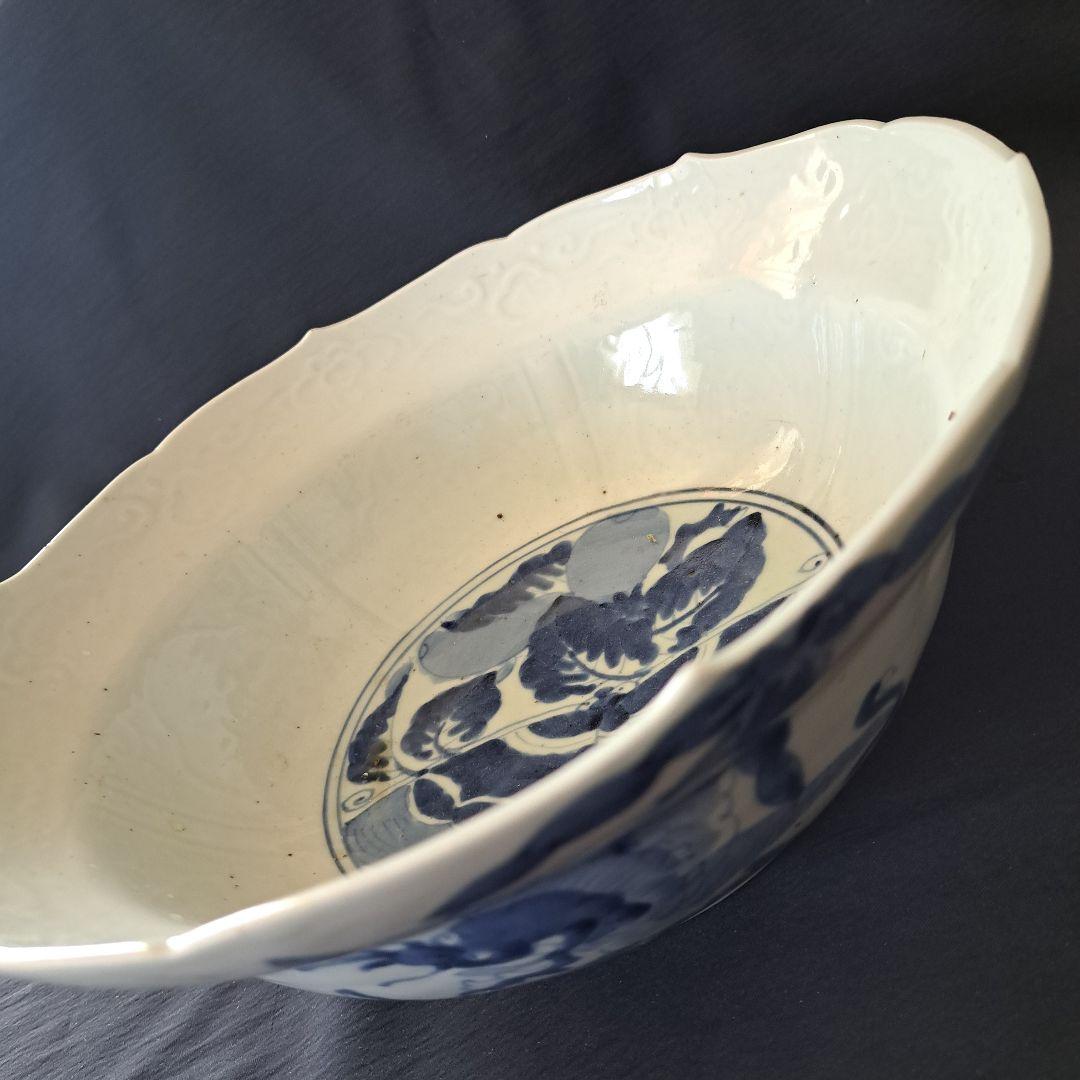 「古伊万里 無傷の大鉢(直径29cm) 龍と蝶の文様！」染付鉢 骨董アンティーク