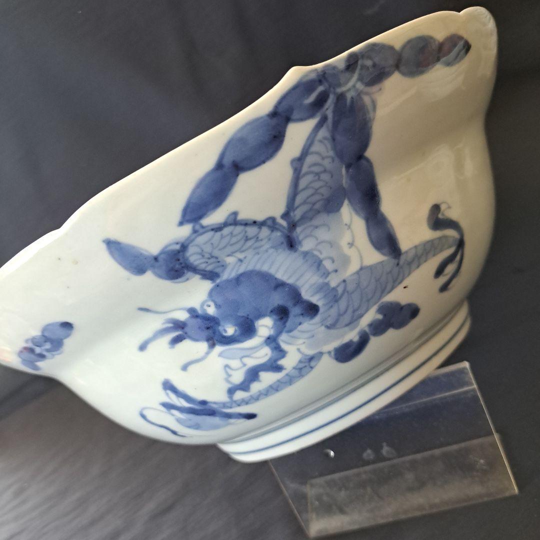 「古伊万里 無傷の大鉢(直径29cm) 龍と蝶の文様！」染付鉢 骨董アンティーク