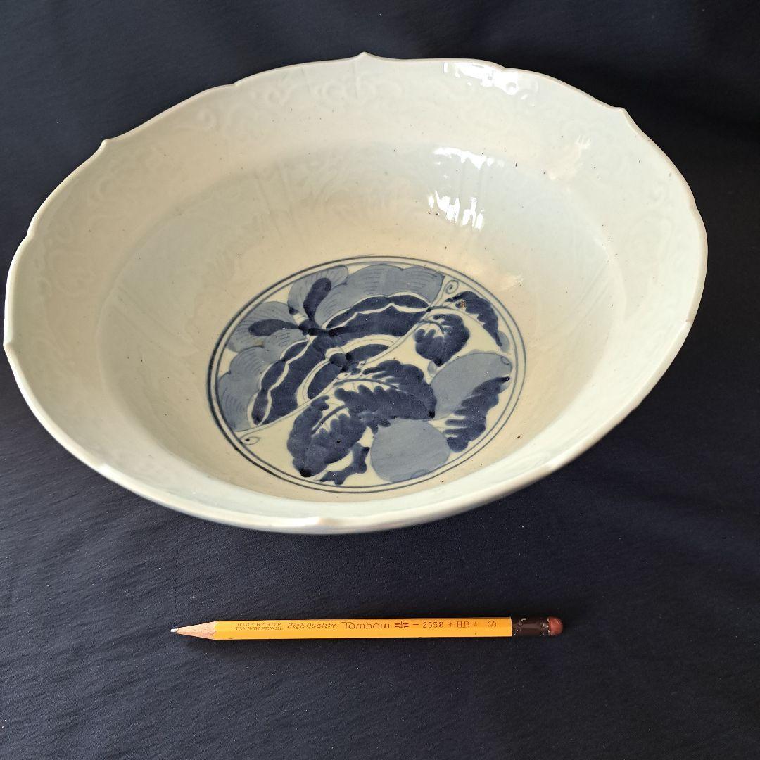 「古伊万里 無傷の大鉢(直径29cm) 龍と蝶の文様！」染付鉢 骨董アンティーク