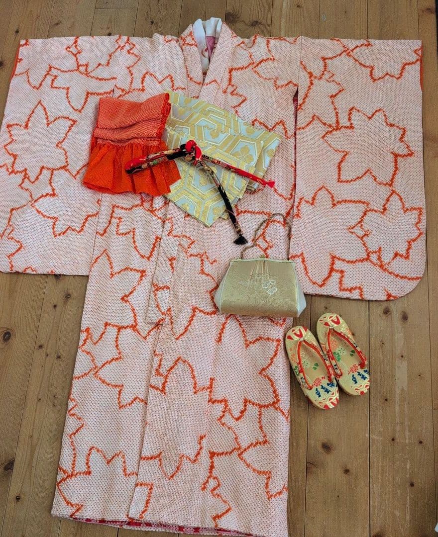 七五三7歳女の子総絞り着物＆半幅帯＆帯締め&帯揚げ&草履＆バッグ