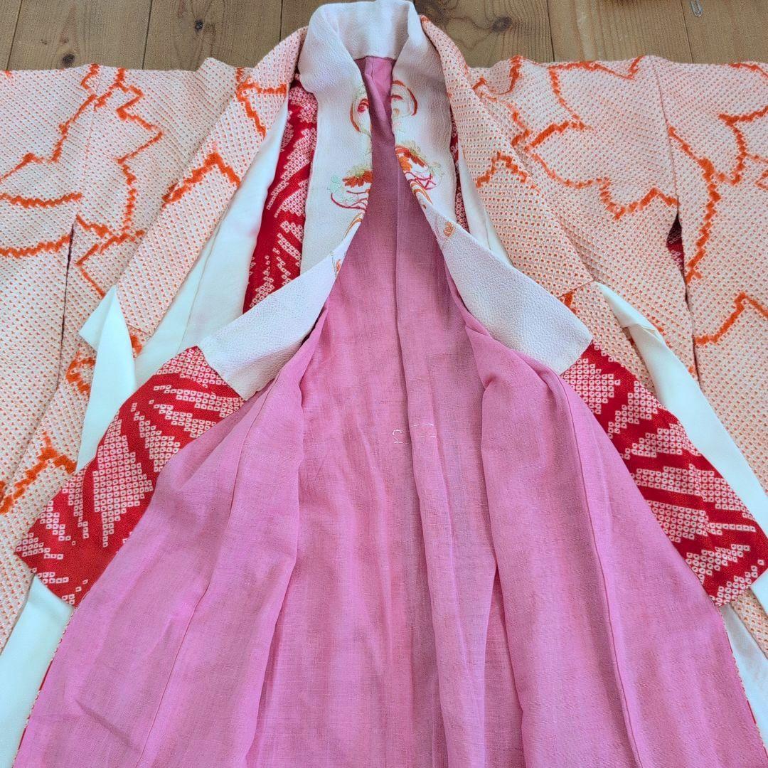 七五三7歳女の子総絞り着物＆半幅帯＆帯締め&帯揚げ&草履＆バッグ