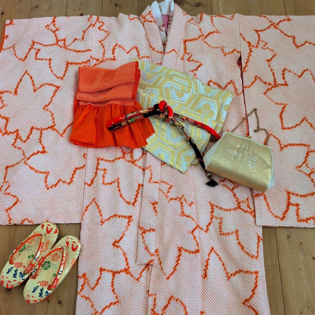 七五三7歳女の子総絞り着物＆半幅帯＆帯締め&帯揚げ&草履＆バッグ