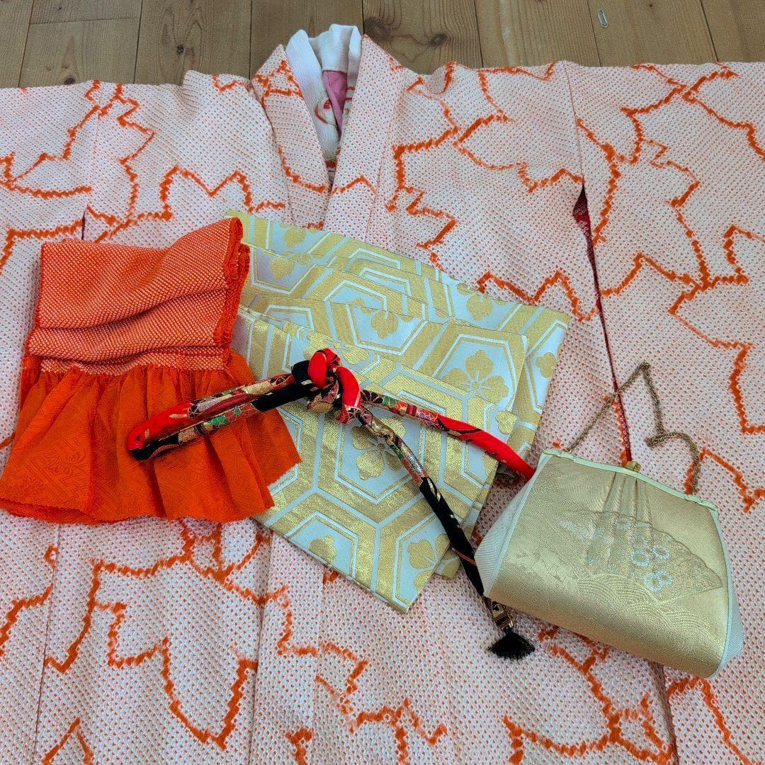 七五三7歳女の子総絞り着物＆半幅帯＆帯締め&帯揚げ&草履＆バッグ