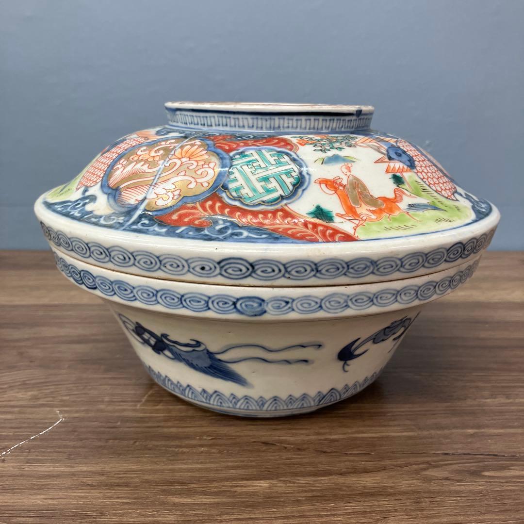 D-4 アンティーク 蓋付き 染付 錦手 鳳凰文様 鉢 時代物 骨董 古美術 丼