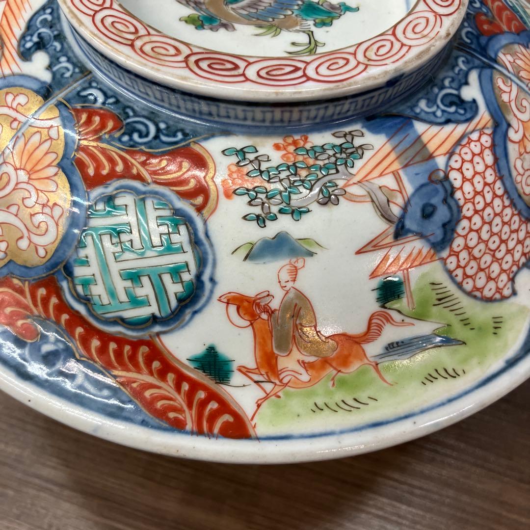 D-4 アンティーク 蓋付き 染付 錦手 鳳凰文様 鉢 時代物 骨董 古美術 丼
